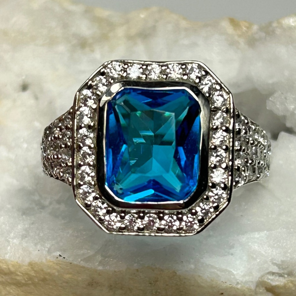 Sterling silver Swiss blue topaz and white sapphire ring